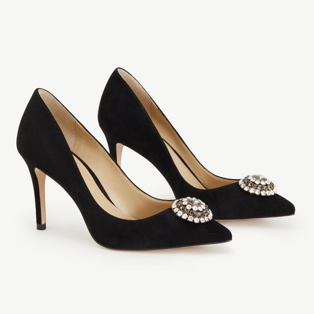 Ann Taylor Jeweled-Brooch Suede Pump, Black